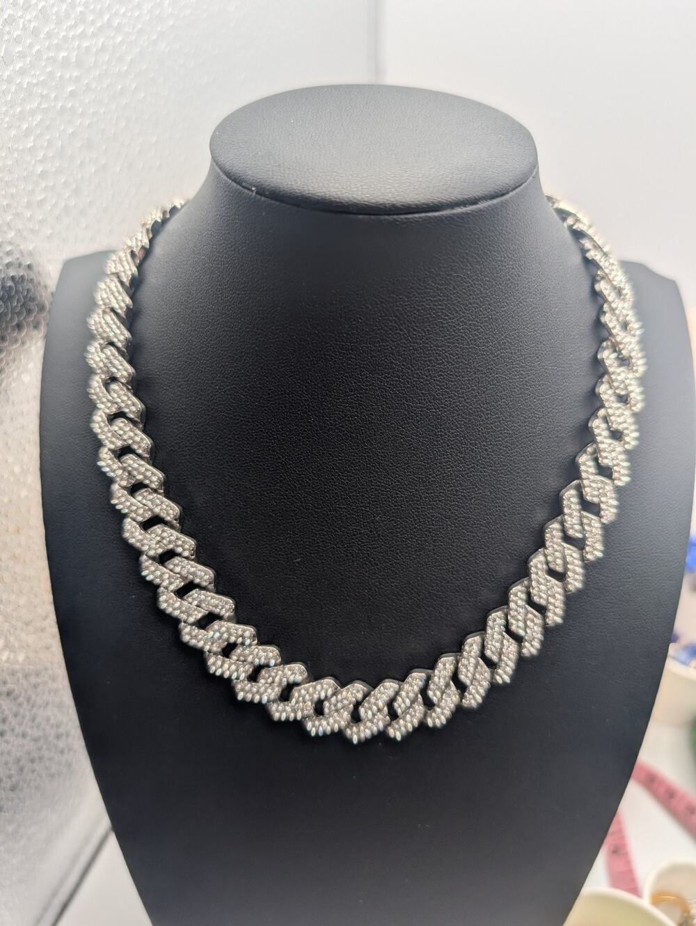 Iced Out Miami Cuban Link Chain Necklace Silver Tone Clear CZ Bling Rapper H Hop